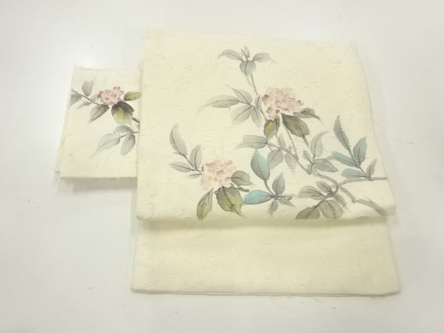 ひげ紬　手描き草花模様作り帯